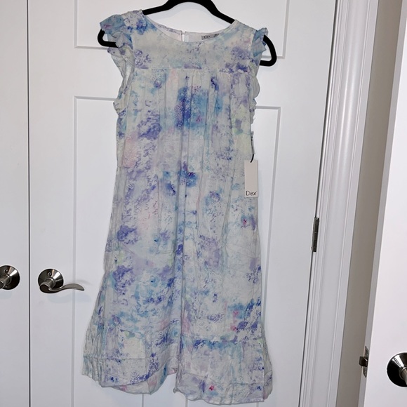 NWT DEX Pastel Mauve Blue Watercolor Sleeveless Ruffle Dress - Picture 2 of 7